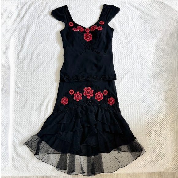 VTG Sue Wong Silk Beaded Embroidered Skirt Top 6 Black Whimsigoth Coquette Dress - Picture 5 of 17